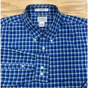 LL Bean Men's Slim Fit Wrinkle Free Blue Plaid Check Shirt XL Preppy Office